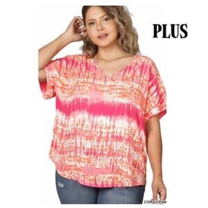 Colorful V-neck Rolled Sleeve Plus Size Top 2X